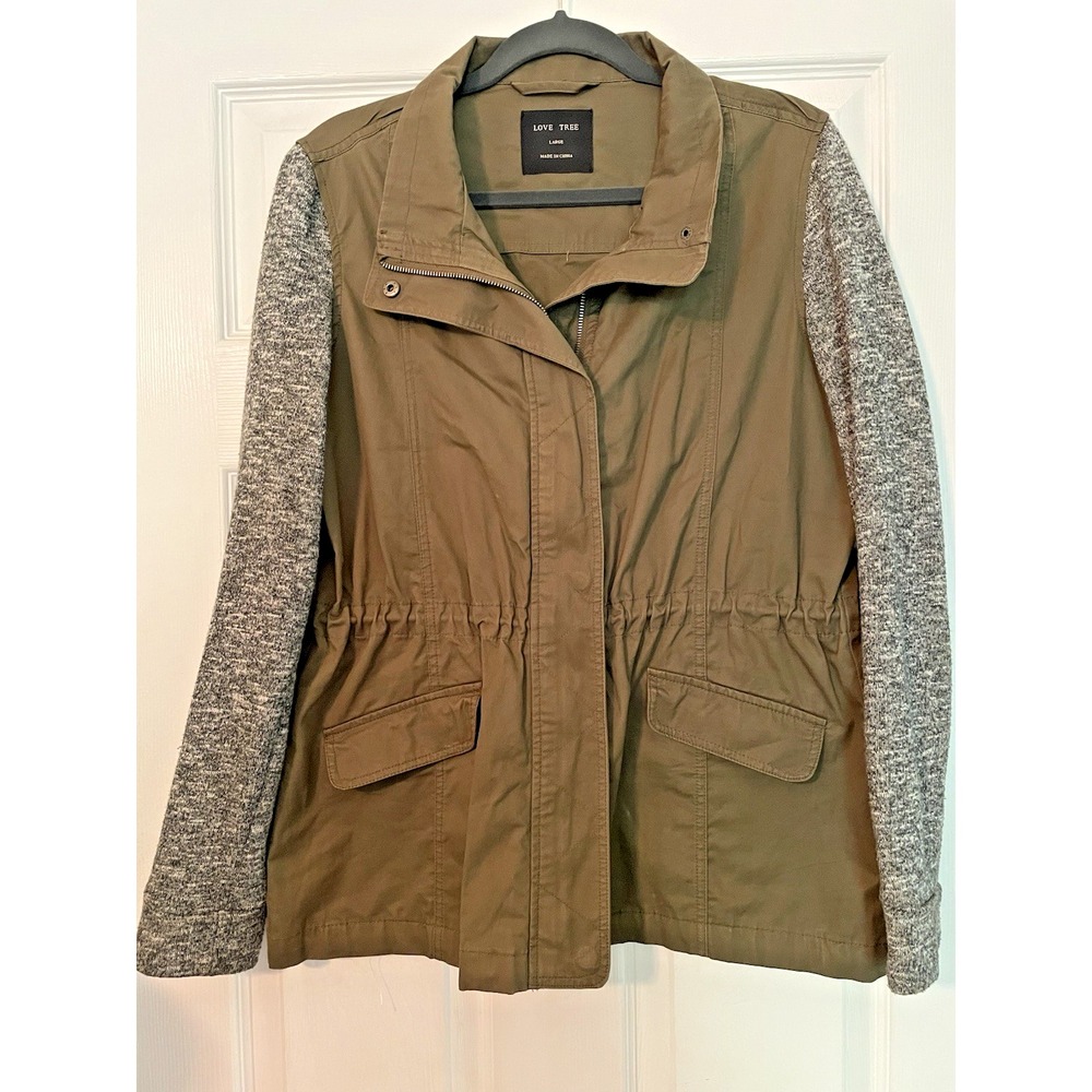Love Tree Zip Jacket Size Large Utility GREEN grey thermal sleeves cinched